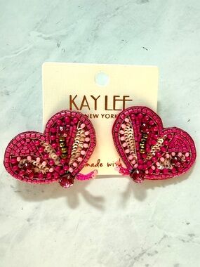 NWT Kay Lee New York Beaded Pink Butterfly Statement Earrings